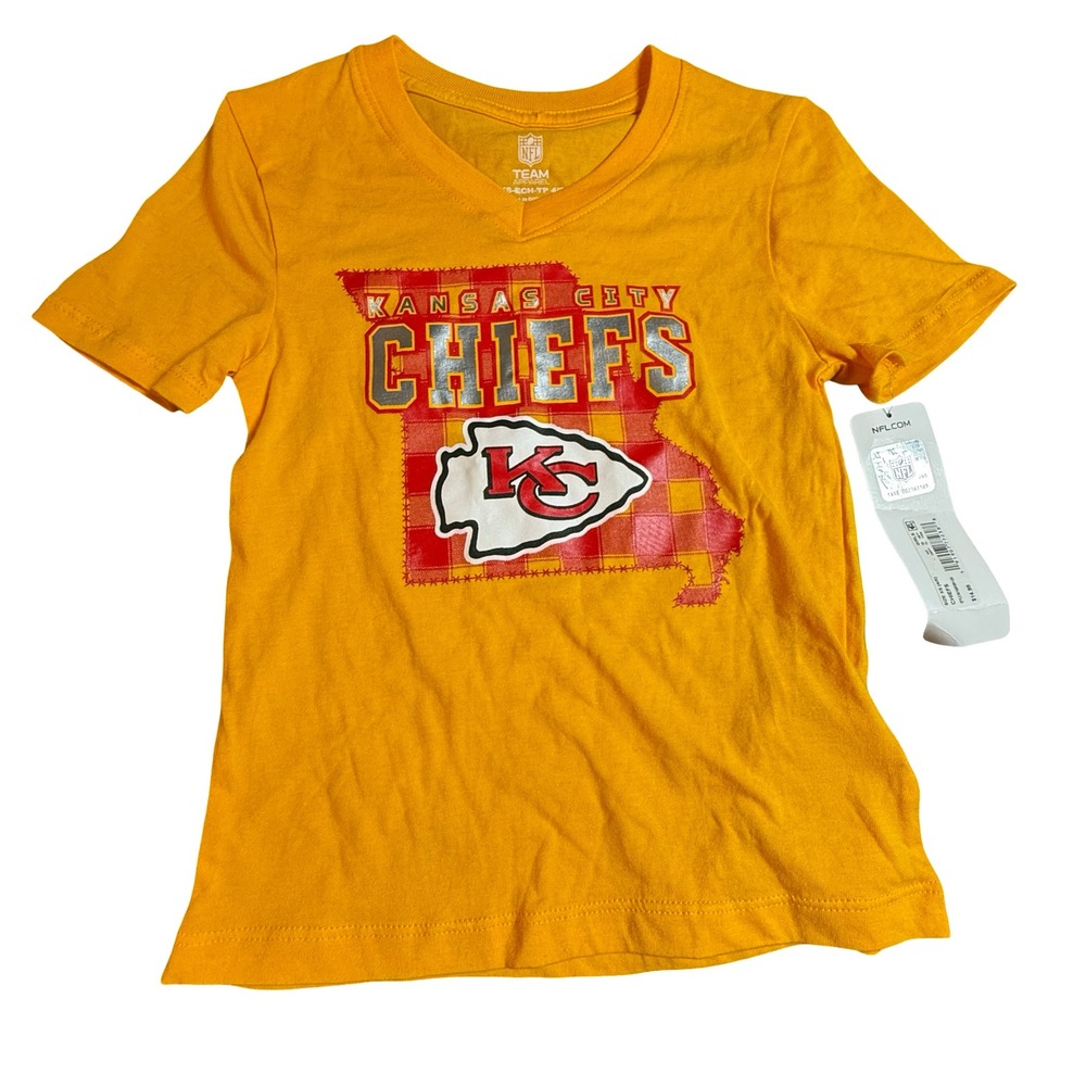 NFL Team Apparel Girls Kansas City Chiefs Gold V-Neck Graphic T-Shirt XS 4/5 NWT